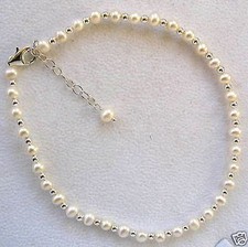 White Cultured Pearl & Sterling Silver 8"-10" Ankle Bracelet w/Sterling Beads