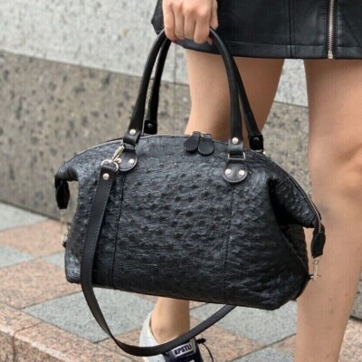 Womens GENUINE Ostrich Leather Handbag Exotic Luxury Black Shoulder Bag