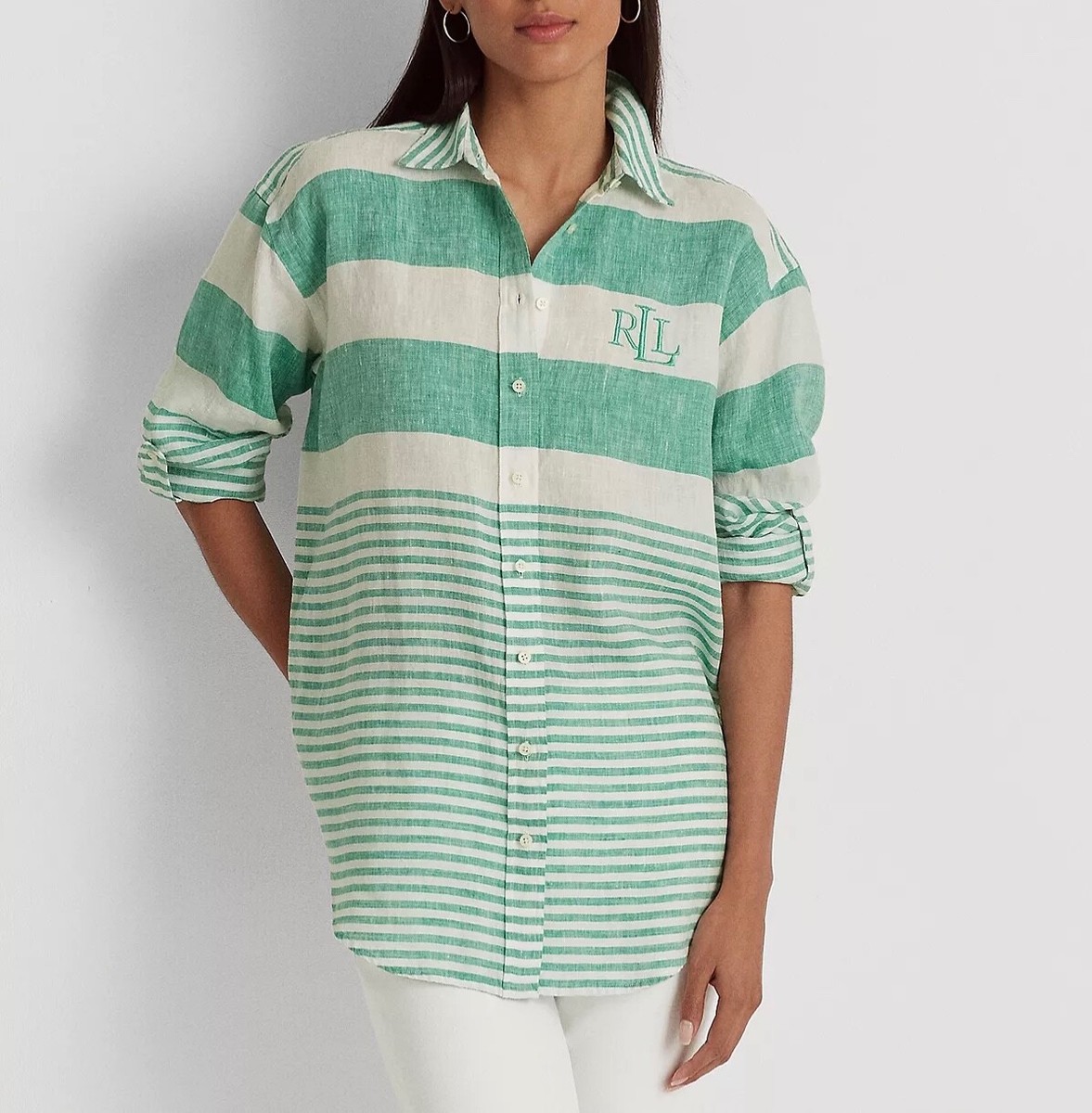 売れ筋商品|||ラルフローレン カットソー トップス レディース Plus Size Oversize Striped Cotton Voile Shirt Washed Sage Multi Lauren Ralph Lauren Women's Oversize Striped Cotton Voile