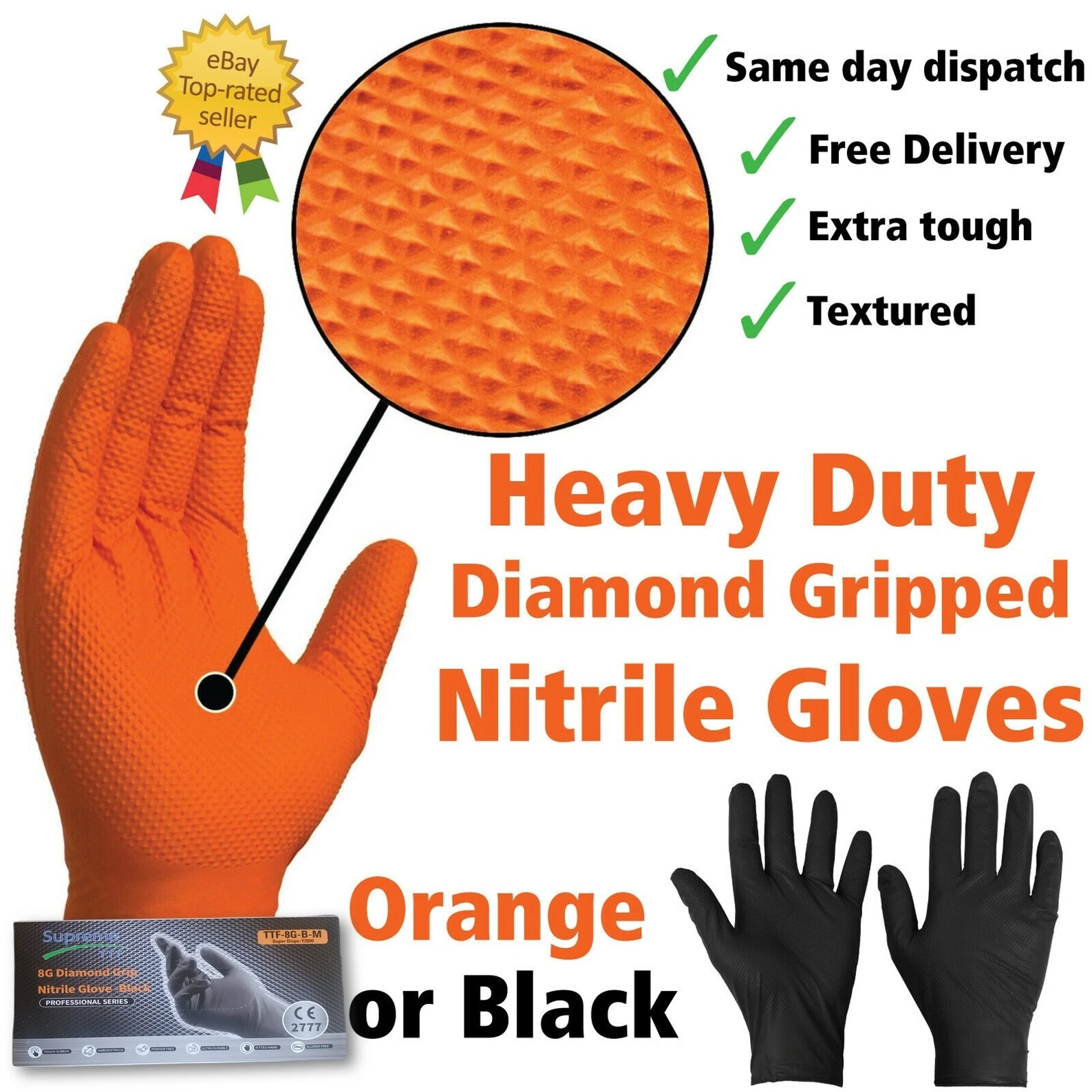 Gants en nitrile robustes poignée diamant jetable poudre de latex 8 mille gants