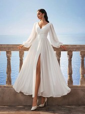 Stylish Lace-Up Back Long Sleeve V-Neck High Slit A-Line Wedding Dress