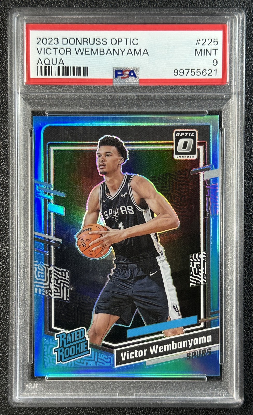 VICTOR WEMBANYAMA PSA 9 2023 DONRUSS OPTIC #225 AQUA PRIZM ROOKIE RC 90/249