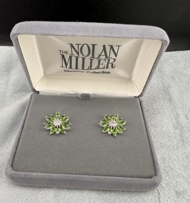 Nolan Miller Earrings Green Flower Rhinestone Silver Tone Signed