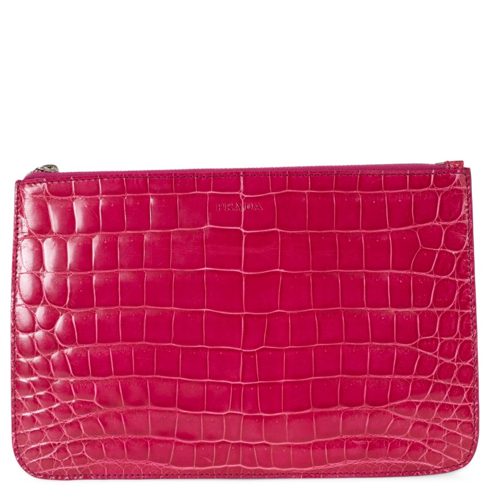 73449 auth PRADA fuchsia pink CROC ZIP POUCH Clutch Bag
