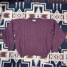 VTG 80s LL Bean 100 WOOL Chunky Cable Knit Sweater Women L - Made in IRELAND