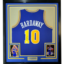 FRAMED Autographed/Signed TIM HARDAWAY 33x42 Warriors Blue Jersey JSA COA Auto