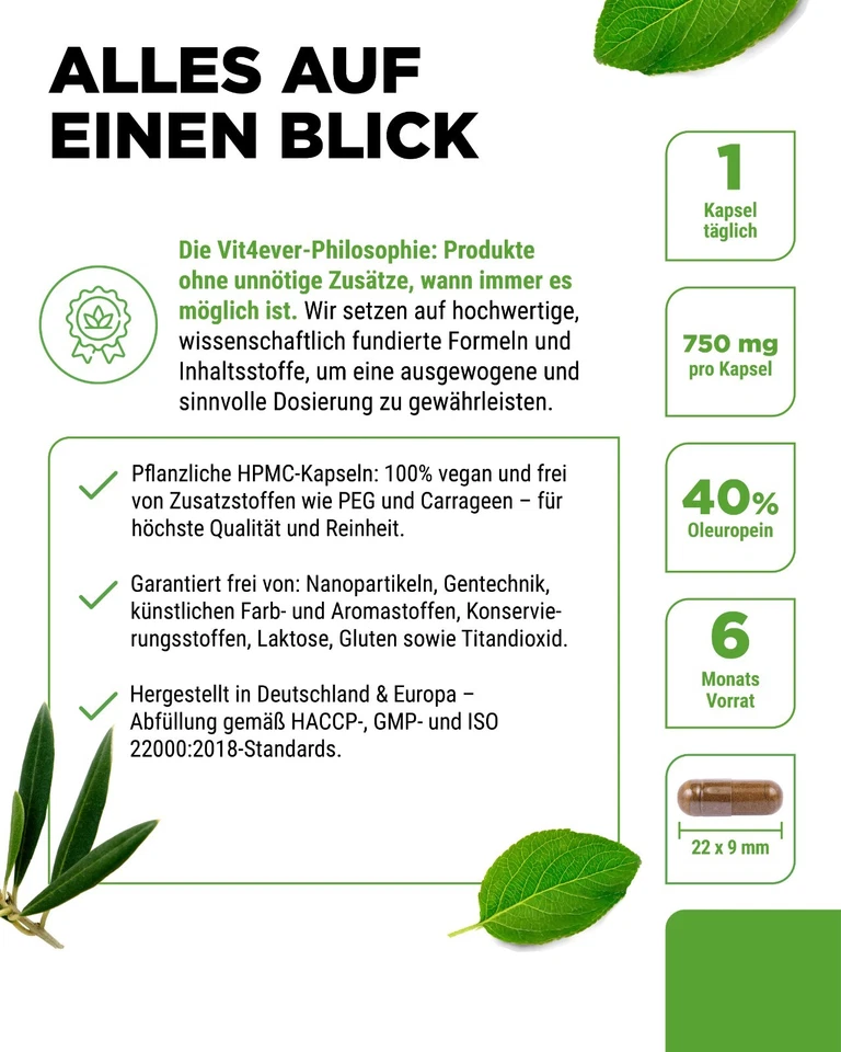 Olivenblatt Extrakt 750mg 180 Kapseln (V) mit 40% Oleuropein - Bild 4 von 4