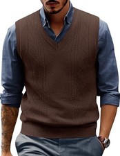 Mens Sweater Vest V Neck Cable Knitted Casual Sleeveless X-Large Coffee