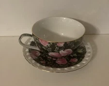 Victoria’s Garden Cup/Saucer Ceramic with Pink Roses & Heart Engraved Saucer