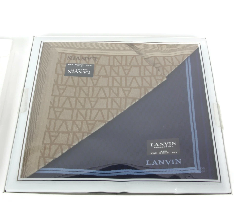 Conjunto de 2 Lenços Masculinos Lanvin Vintage Anos 80 Logotipo Bege e Azul Não Usado - 521 - Imagem 4 de 4