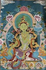 36"Tibet Tibetan Cloth Silk Buddhism Green Tara Guanyin Tangka Thangka Mural 014
