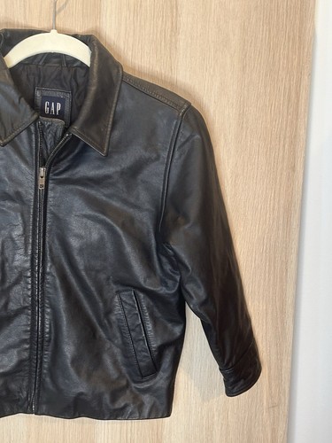 Gap Kid’s Rare VTG 90’s Boys Black Leather Bomber Coat Jacket Size Small Money - Picture 4 of 11