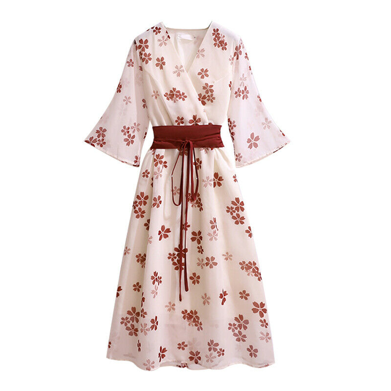 Japanese Women Floral Kimono Dress Yukata Fit Flare Belted