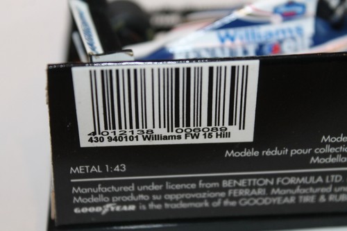 1994 DAMON HILL WILLIAMS RENAULT FW15 1/43 MINICHAMPS F1 DIECAST CAR - Picture 7 of 7