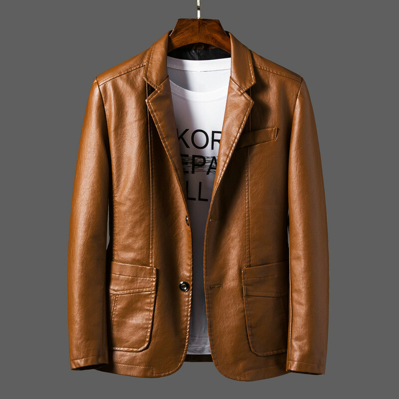 Men Faux Leather Blazer Jacket Coat Top Outwear Casual Black 