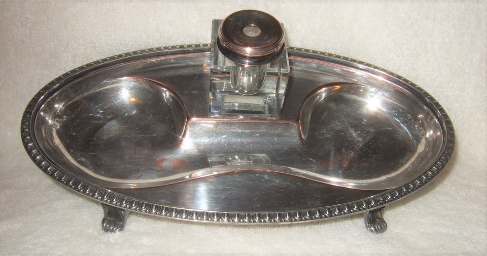 English silverplate and crystal inkwell inkstand — genuinely antique writing desk hardware with serious old-world gravitas.