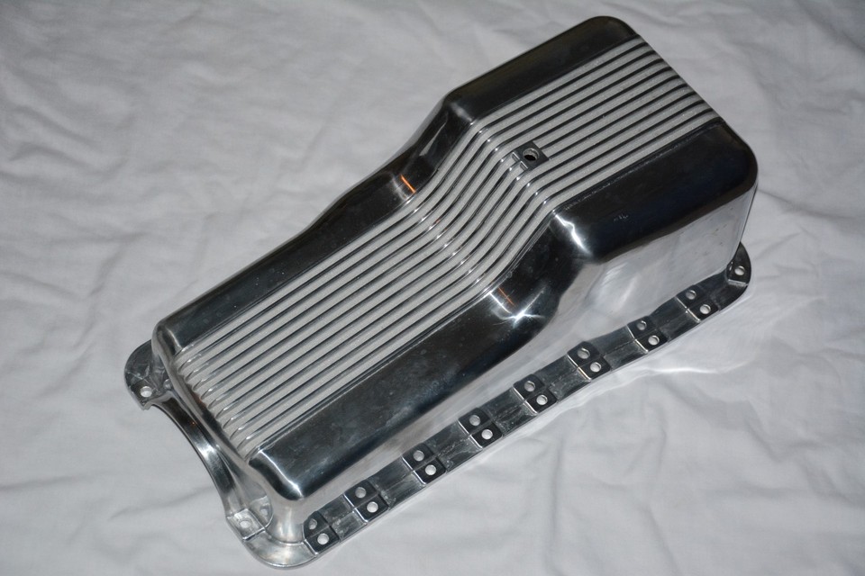 1962-82 SBF Ford Polished Aluminum Oil Pan Retro Finned Front Sump | Fits 260 289 302 Engines | Part #SRN8446
