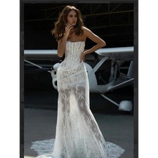 Pleated Lace Flower Short Wedding Dress Strapless Detachable Train Evening Gowns