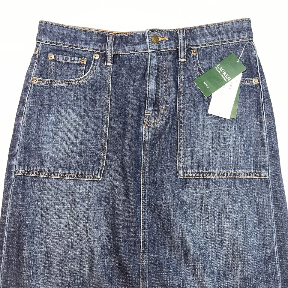 Falda Midi Denim Lauren Ralph Lauren Pequeña Talla 6P Bolsillos Lavados Oscuros Preppy Nueva con Etiquetas Foto 4 de 4