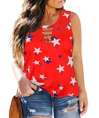Plus Size Women Tank Tops 3X Red Stars Tee Sleeveless 4Th of July Summer Blue...
