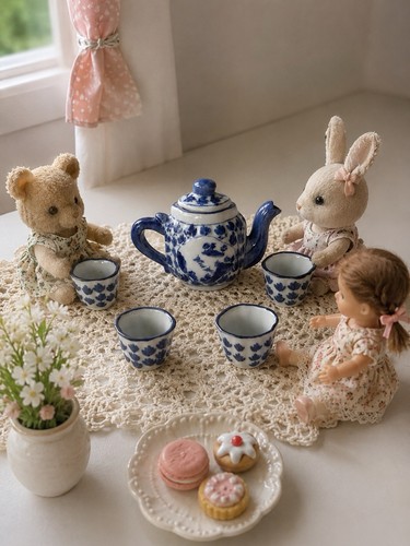 Vintage Chinese Blue & White Porcelain Miniature Tea Set, 5 Pieces Doll Size