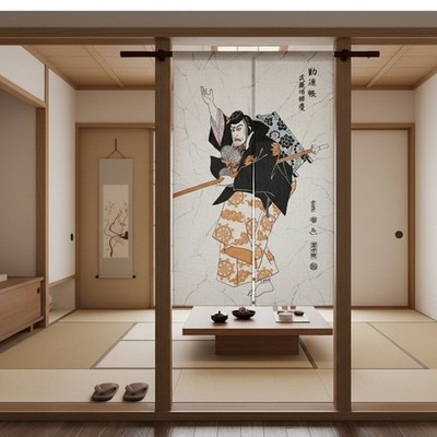 Japanese Noren Curtain Kabuki Warrior Ukiyo-e Linen Blend 33'' x 55''  New