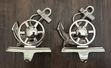 Rare Pair Of  Silver Toned Nautical Theme Christmas Stocking Hangers