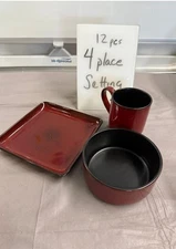 Gibson Soho Lounge Square Reactive Glaze Dinnerware Set, Red, 3 Piece Services 4