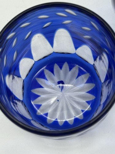 Decantador y vaso de cabecera vintage "Tumble Up" bohemio corte a claro azul cobalto - Imagen 11 de 15