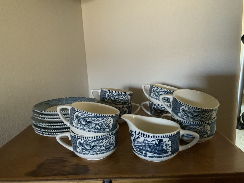 Vintage Courier & Ives  - 8 - 6” SAUCERS, 8 CUPS & Creamer