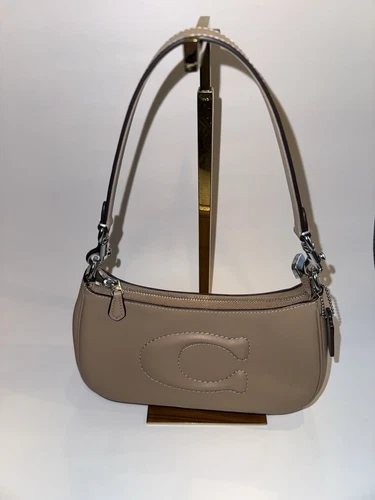 NUOVA borsa a tracolla Coach donna Taupe Teri pelle liscia ferramenta argento