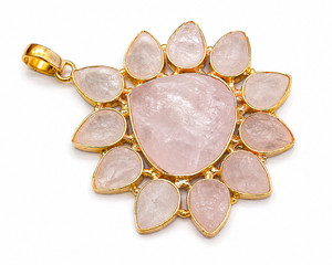 Authentic Natural Rose Quartz Statement Pendant Gold Plated Handmade Boho Flower Necklace