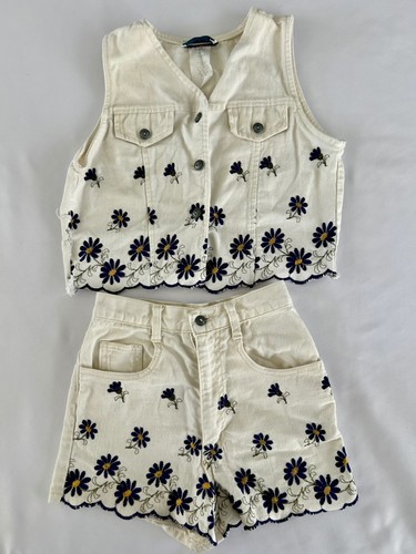 Vintage Next Era 2 Piece Vest Shorts Denim Embroidered Girls Size Large 10 90's