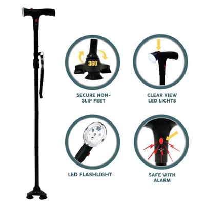 Walking Stick Adjustable Folding Cane LED Light Travel Hiking Support Stick