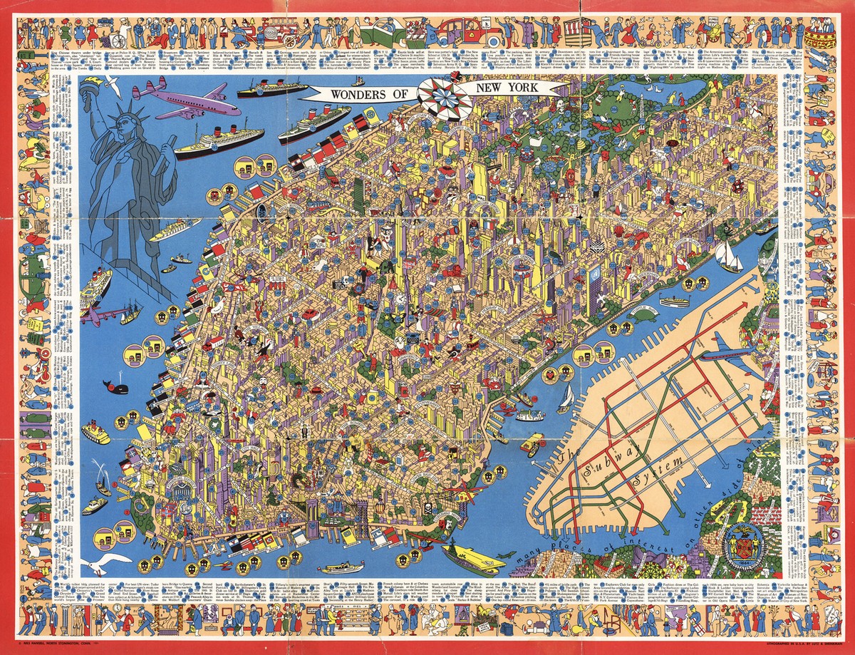 Early Pictorial New York Manhattan Map Subway System Wall