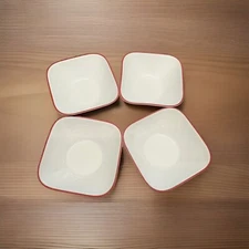 Corelle Vitrelle "HAPPY DAYS" Square Soup / Cereal Bowls  6 3/8" Red Rim 4 Each