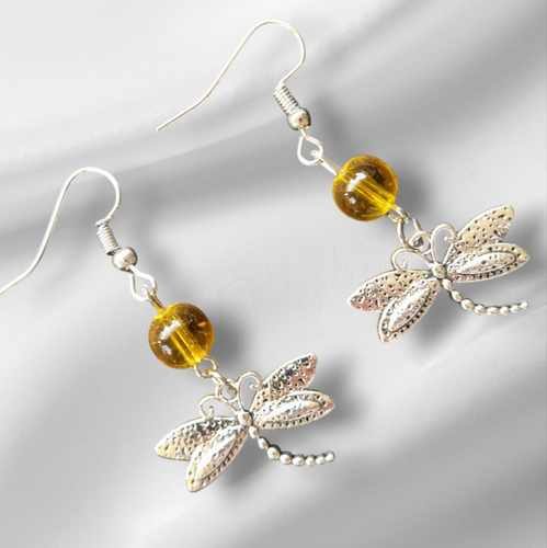 Silver Tone Dragonfly Dangle Earrings With Amber Beads - Picture 4 of 6