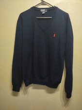 Men VTG Polo Ralph Lauren Blue Wool Blend V-neck Sweater M Red Pony