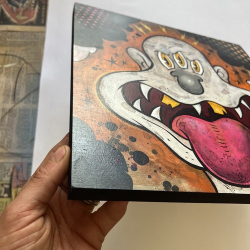 Original Art Triclops With A Grin Painting By Frank Forte 12x12 Acrylic On Wood - Picture 3 of 5