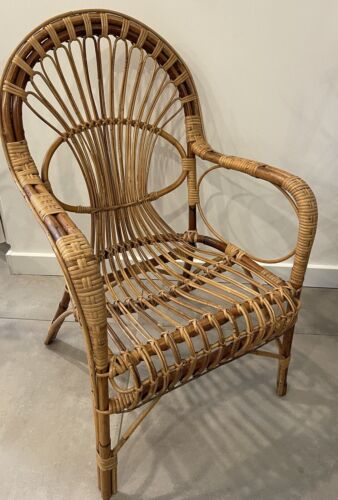 Vintage 60’ Midcentury Boho Chic Wicker Rattan Bamboo Arm Chair Coastal Italy