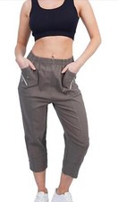 Women Ladies Elasticated Cotton Stretch Capri Cropped 3/4 Trousers Size 10-24