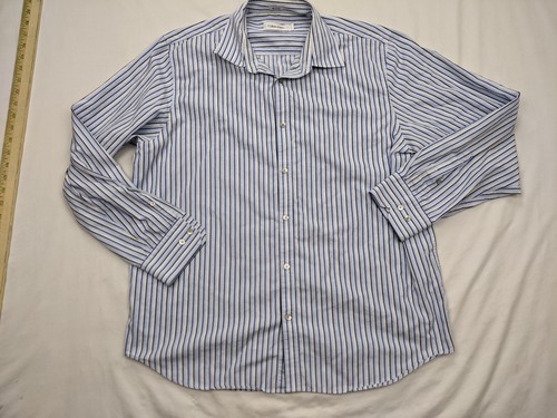 Calvin Klein Mens Size L Blue Stripes Button Shirt Long Sleeve Spread Pocket