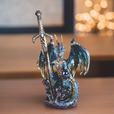 5''H Blue Dragon with Sword Figurine Ornament Home Decor Unique Gift