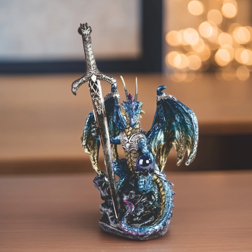 5"H Blue Dragon with Sword Figurine Ornament Home Decor Unique Gift