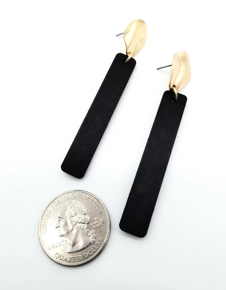 UNIQUE Lightweight Gold Plated Oval Elongated Black Rectangle Wood Bar Earrings - Image 4 of 4