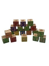 Vintage 19 Wood Blocks Children Alphabet Animals Food Pictures 1.25 Inches