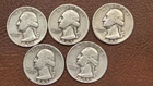 Lot of 5 Silver Washington Quarters  (1942–1955) – 90% Silver – Circulated
