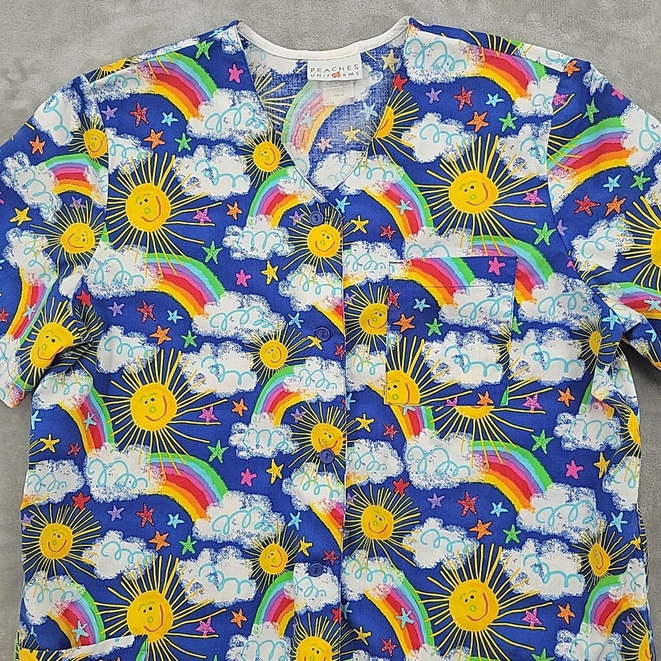 Peaches Uniforms Womens Scrub Top Size XL Sun Rainbow Clouds 100% Cotton - Image 2 of 4