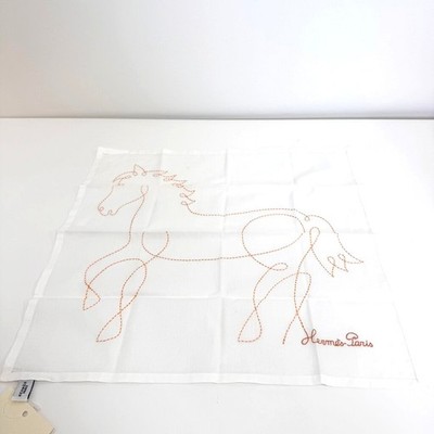 HERMES White Cotton Handkerchief with Orange Embroidered Horse Motif NEW Scarf