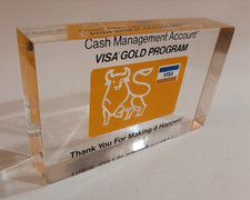 Lucite Paperweight 1980s VISA GOLD PROGRAM Cash Management Account Bull Logo